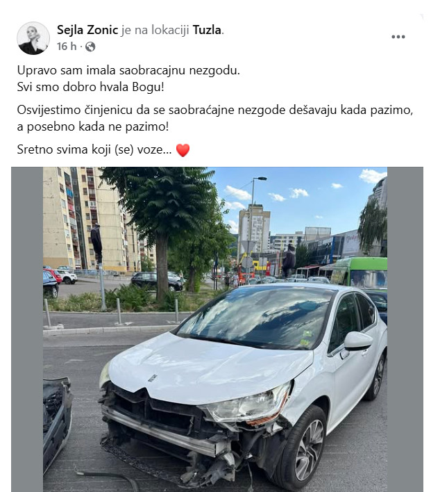 Šejla Zonić imala saobraćajnu nezgodu: Evo u kakvom je stanju i kako se osjeća..